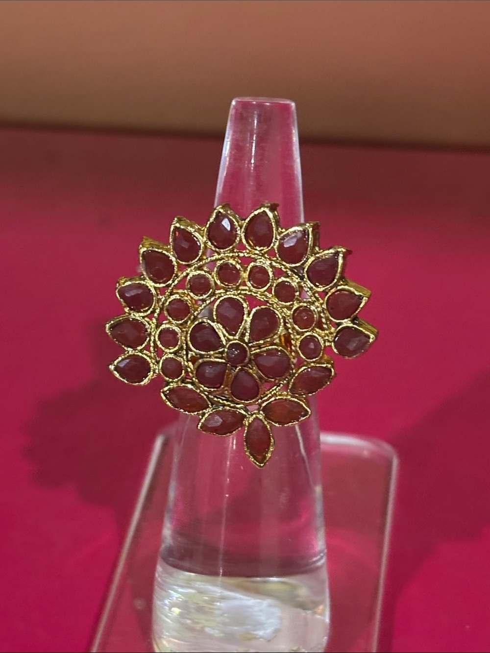 Gold-Tone Floral Statement Ring with Deep Pink Accents